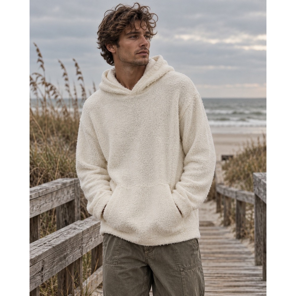 ROWM Mens XXL Cream Boucle Wool Blend Pullover Hoodie Sweater Pocket NWT